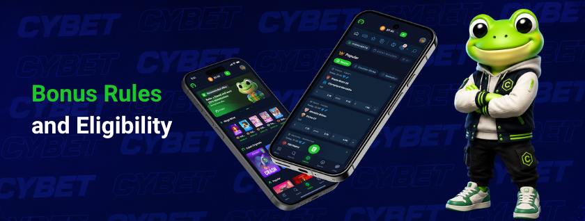 Cybet casino mobile app on two smartphones showing game listings and betting options, a frog mascot, and the text "Bonus Rules and Eligibility".