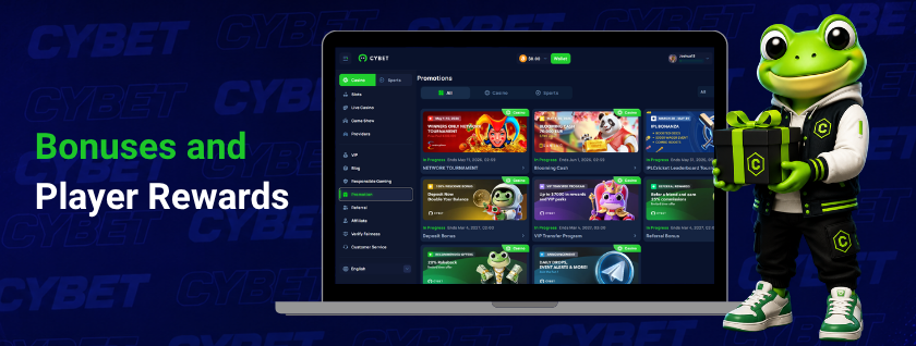 Cybet casino promotions page on a laptop displaying various bonus offers, a frog mascot carrying a gift box, and the text "Bonuses and Player Rewards".