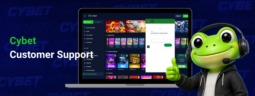 Cybet casino homepage on a laptop with an open live chat support window, a frog mascot wearing headphones and giving a thumbs up, and the text "Cybet Customer Support".