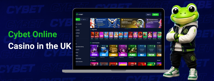 Cybet casino homepage on a laptop showcasing original games like Crash, Dice, Mines, Plinko, HiLo, and TikTok, a frog mascot, and the text "Cybet Online Casino in the UK".