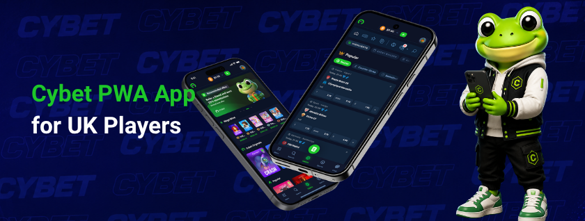 Cybet casino mobile interface on two smartphones showing game and betting sections, a frog mascot holding a phone, and the text "Cybet PWA App for UK Players".