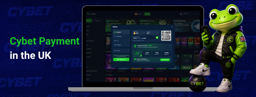 Cybet casino wallet page on a laptop showing deposit details with a QR code and crypto options, a frog mascot holding a phone with a branded football, and the text "Cybet Payment in the UK".