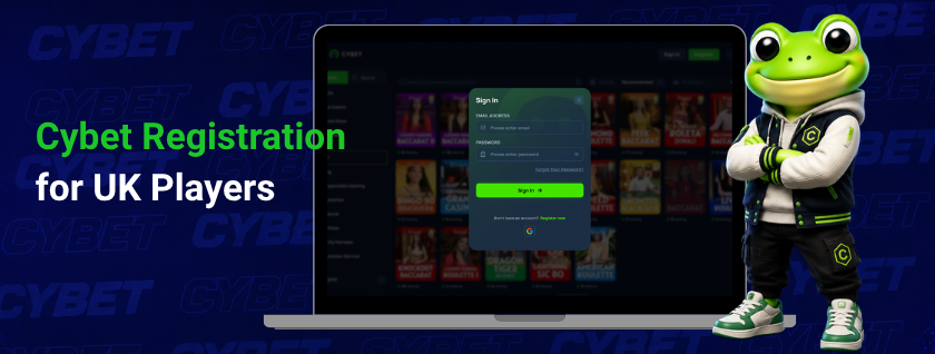 Cybet casino Sign In page on a laptop with the registration form open, a frog mascot giving a thumbs up, and the text "Cybet Registration for UK Players".