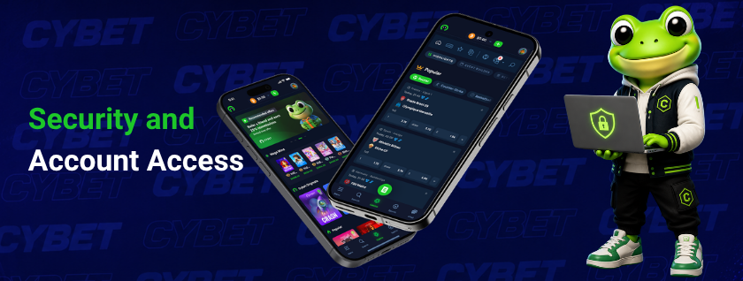 Cybet casino mobile app on two smartphones displaying game and betting sections, a frog mascot holding a laptop with a security shield icon, and the text "Security and Account Access".