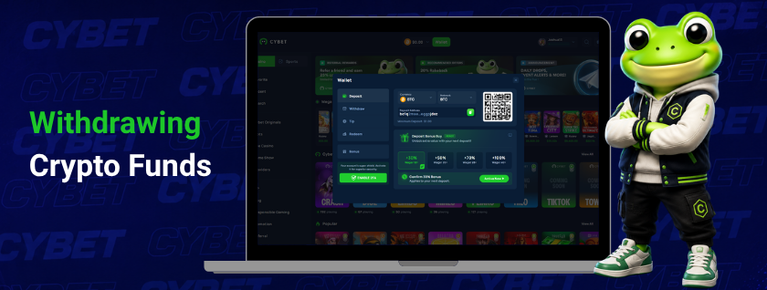 Cybet casino wallet page on a laptop displaying withdrawal options and a QR code, a frog mascot with crossed arms, and the text "Withdrawing Crypto Funds".