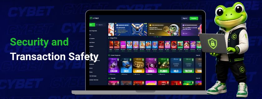 Cybet casino homepage on a laptop featuring original games and promotions, a frog mascot holding a green security shield icon, and the text "Security and Transaction Safety".