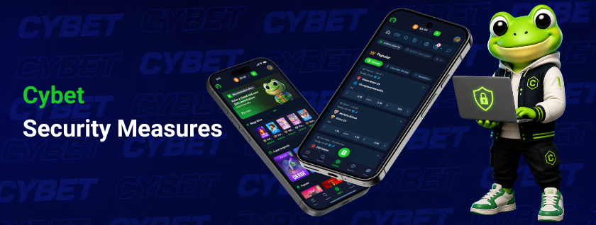 CYBET security measures on mobile with frog mascot holding laptop shield