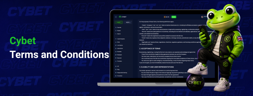 CYBET terms and conditions on laptop with frog mascot holding phone